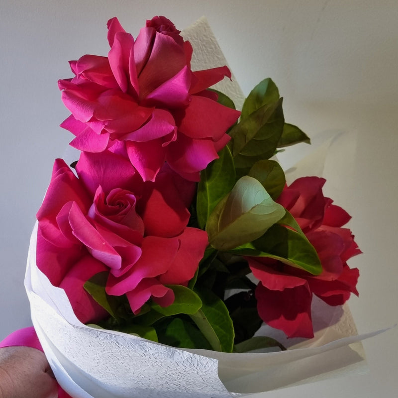 A bouquet of three hot pink roses with green foliage, wrapped in paper.